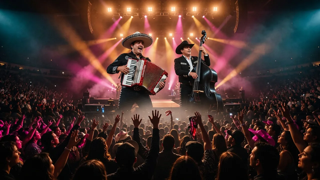 A norteño concert stage with an accordion player and bassist under warm amber and magenta lights with a festive silhouetted crowd