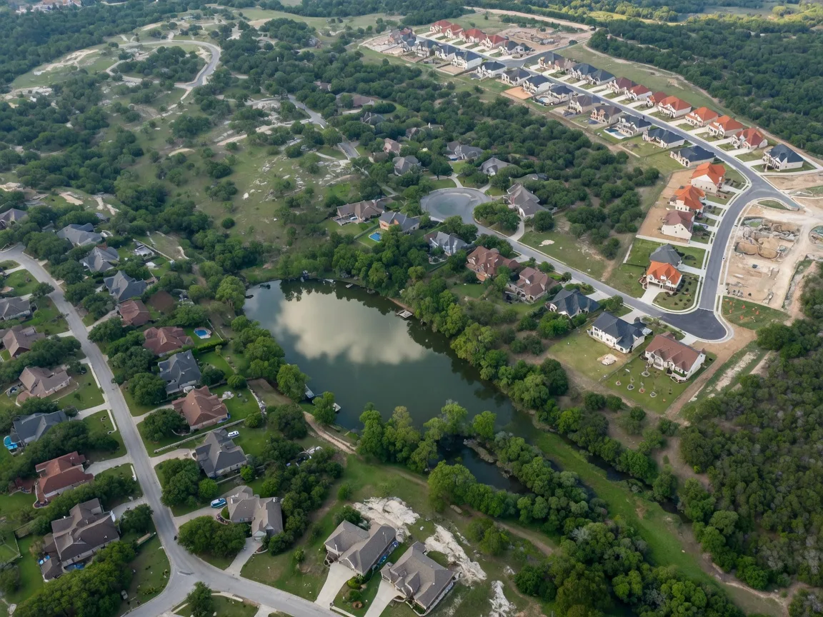 Aerial view of wooded residential land in northwest Bexar County surrounded by denser San Antonio development