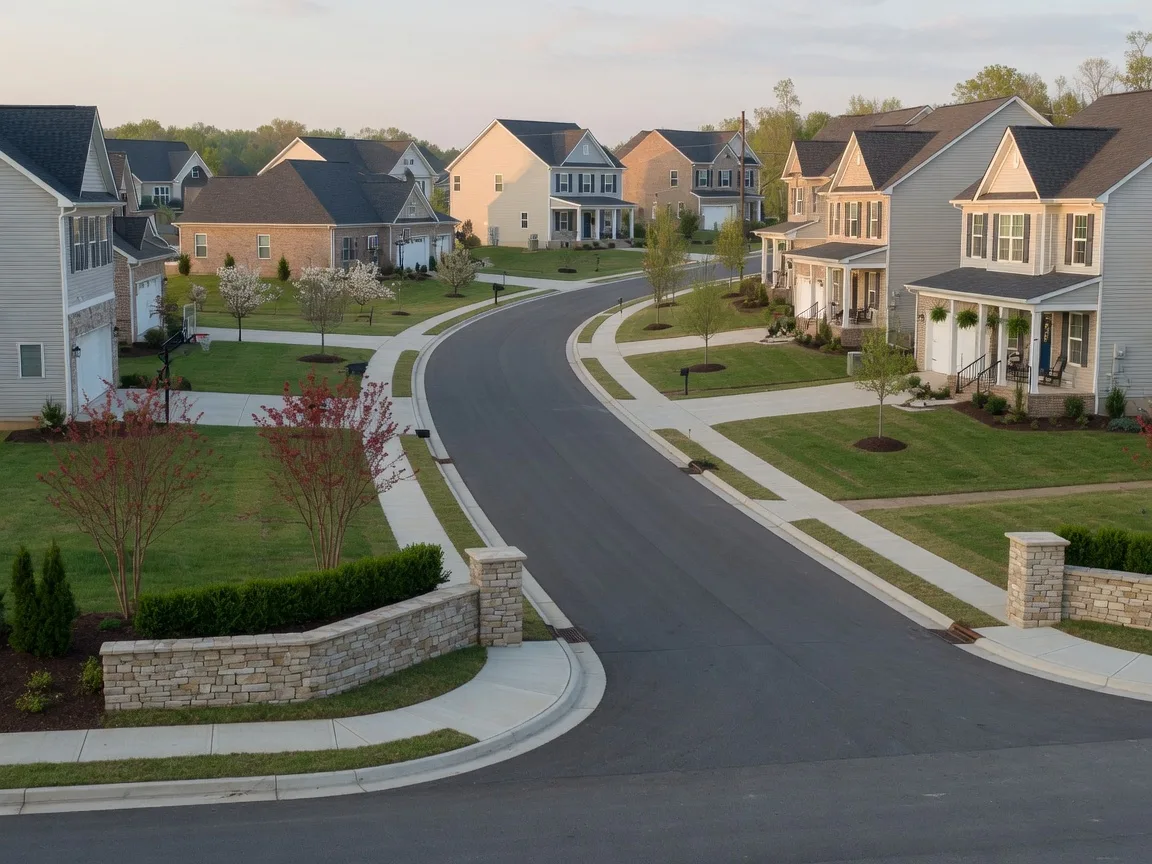 A welcoming newer suburban street of one and two story family homes with sidewalks and green lawns in the Alvaton area
