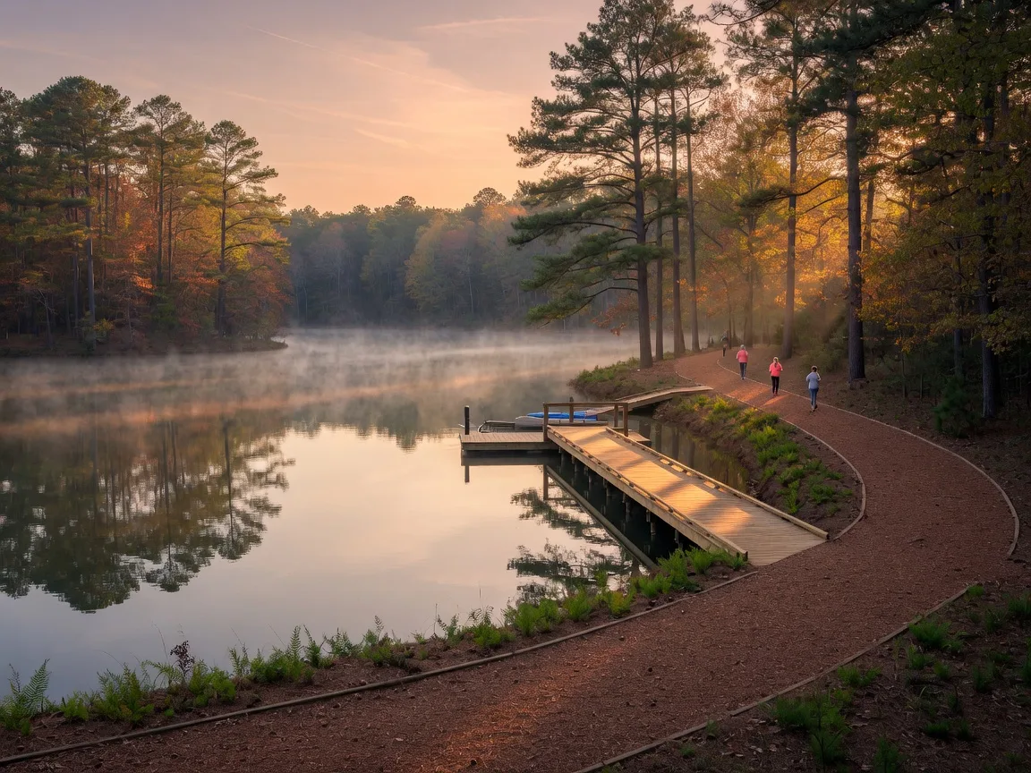 Anne Springs Close Greenway lake and forest trails in Fort Mill South Carolina at golden hour