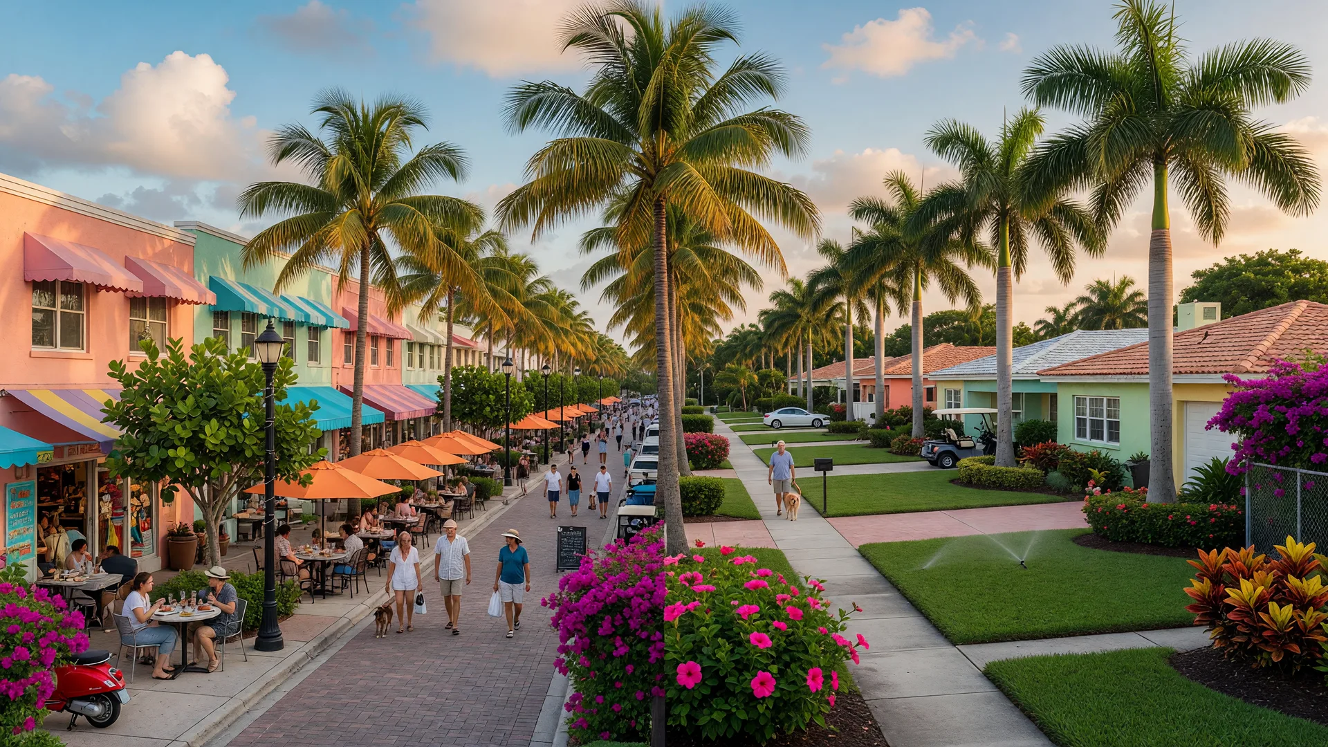 Side-by-side contrast of a walkable downtown Delray Beach street and a quiet suburban Boca Raton neighborhood
