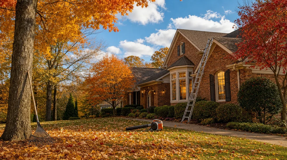 A traditional brick home in Georgia with autumn leaves on the lawn, a ladder against the gutter, and fall preparation essentials nearby under a crisp blue sky.