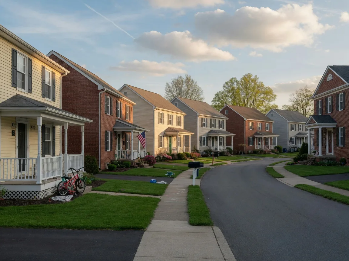 Residential street in North Wales, Pennsylvania with colonial homes, neat lawns, and a bright sky
