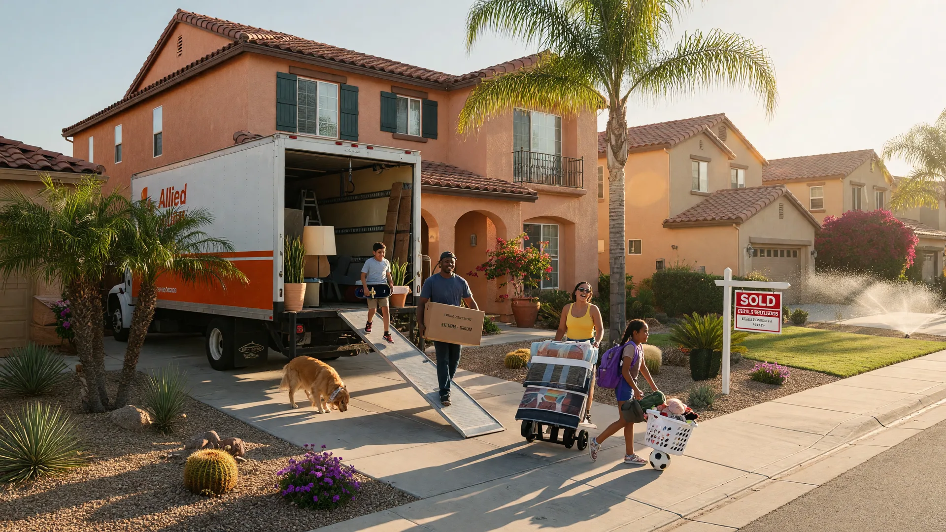 A two-story suburban home in Murrieta with a sold sign, moving truck, and palm trees at golden hour