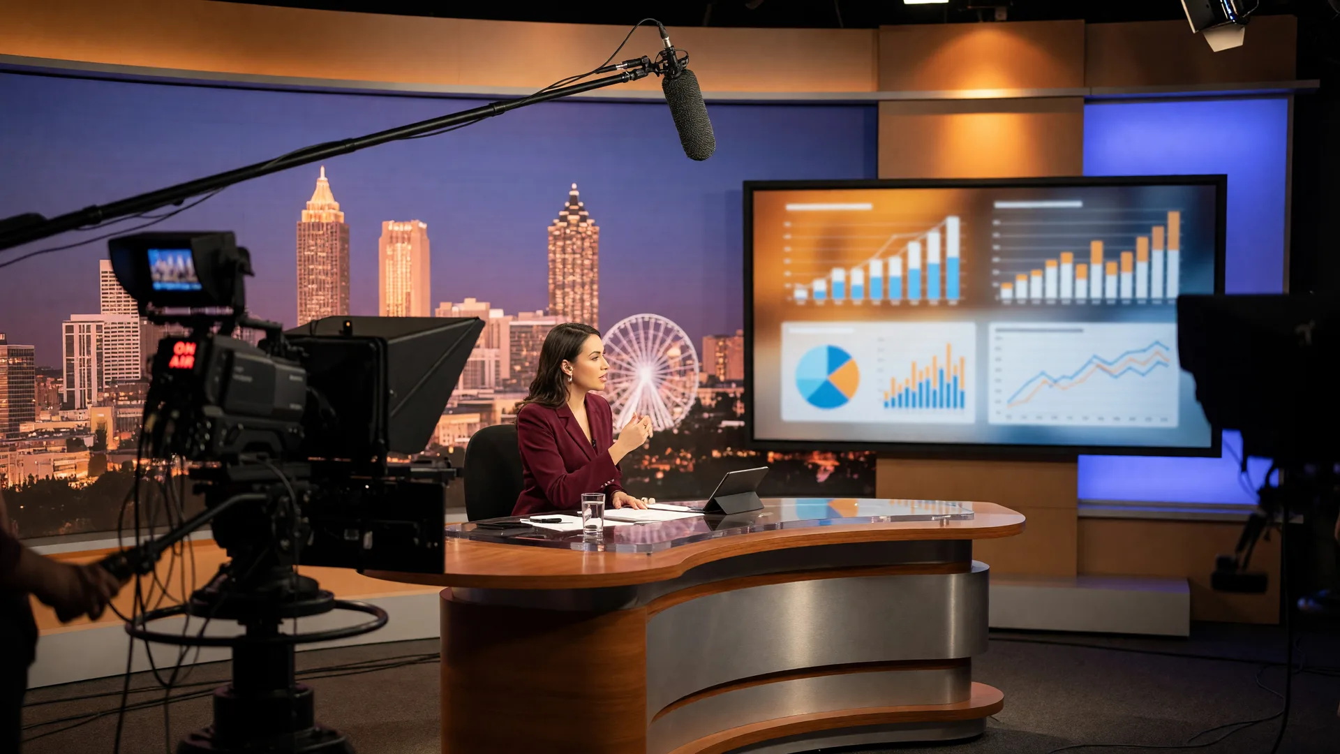 Professional television news studio with broadcast cameras and Atlanta skyline backdrop