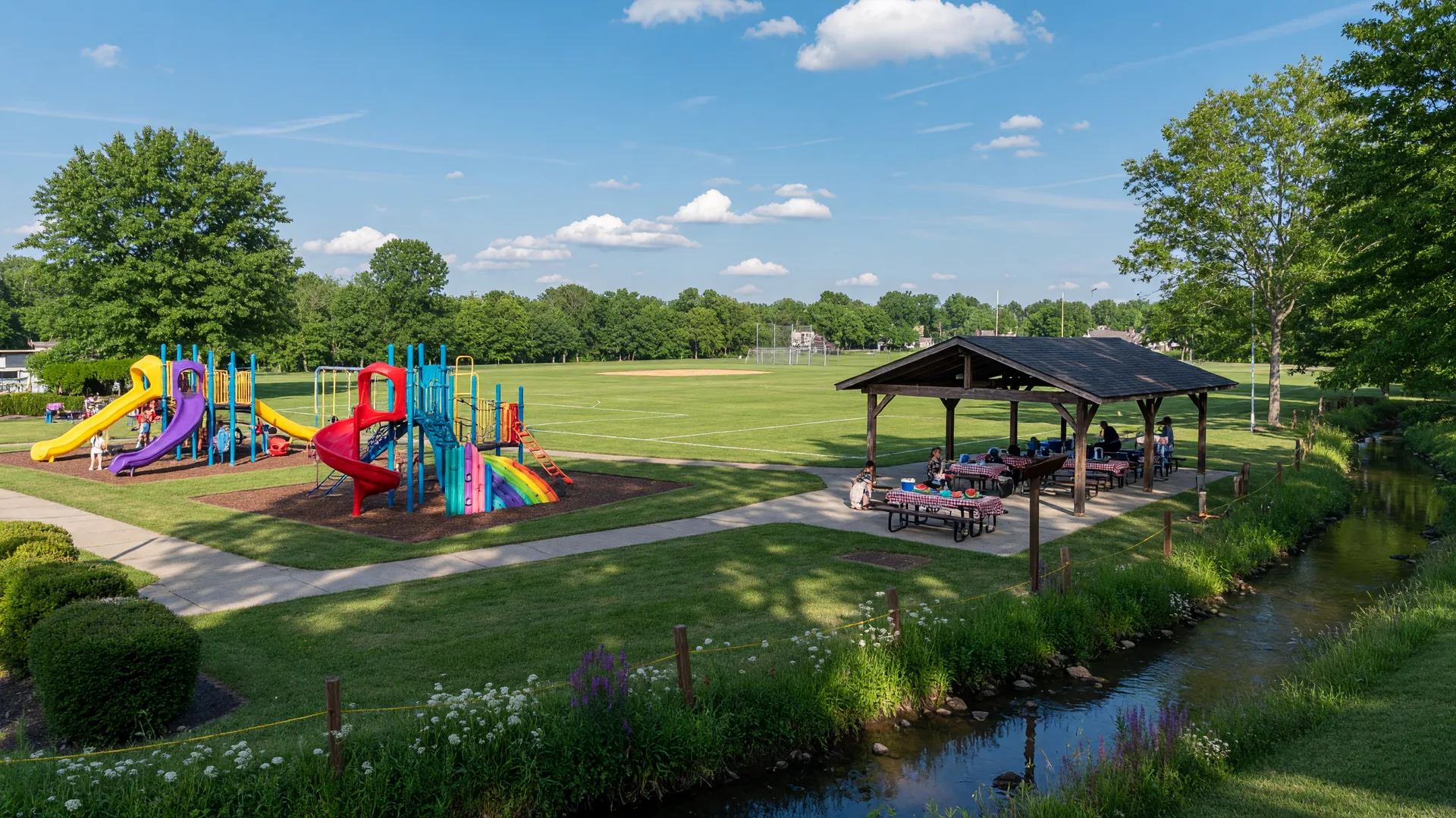Community park and playground near Sinking Spring with ball fields and a creek