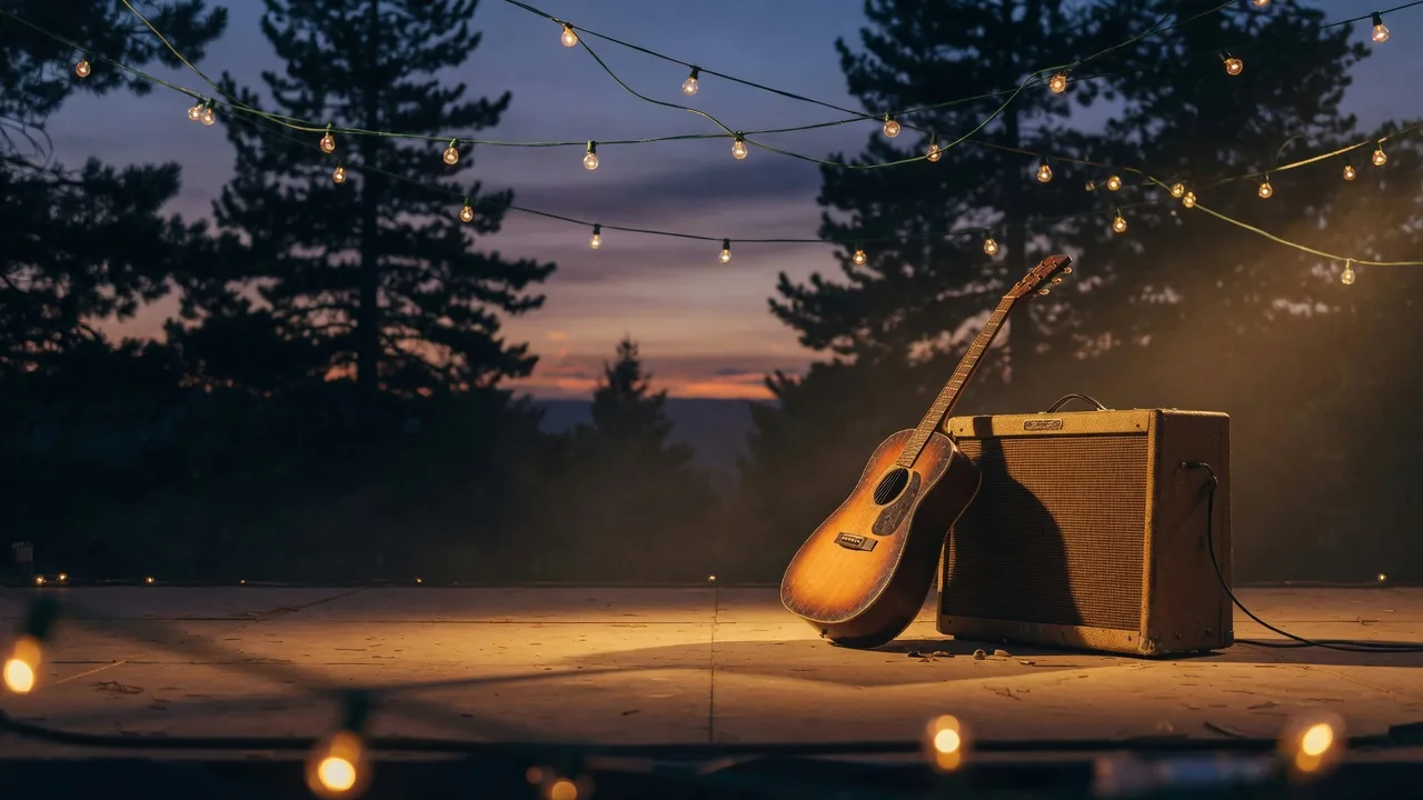 A live music stage at dusk in a mountain town with string lights and tall pines