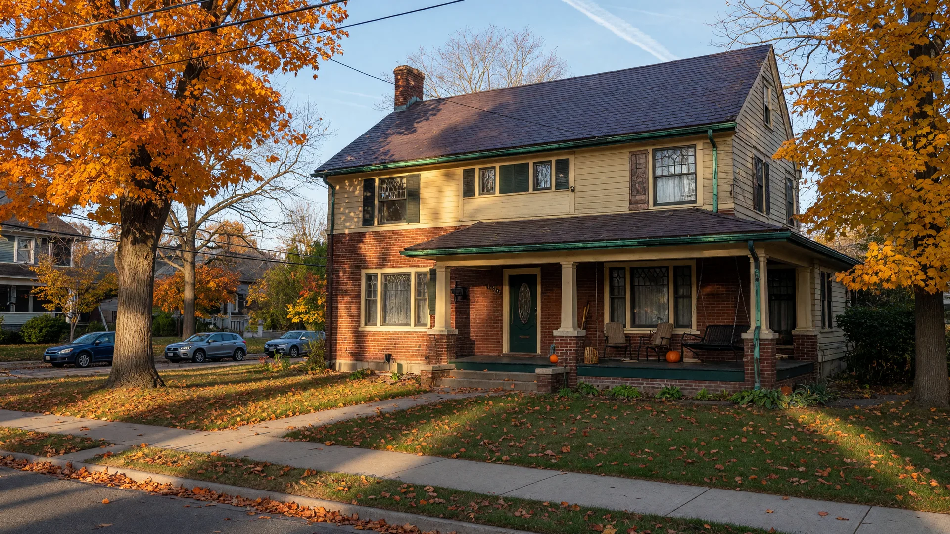 A classic Cleveland Heights, Ohio century home on a crisp October morning: an early-20th-century brick and clapboard colonial revival house with a natural slate roof, copper gutters, a covered front porch, and leaded-glass windows beneath maples turning orange and gold