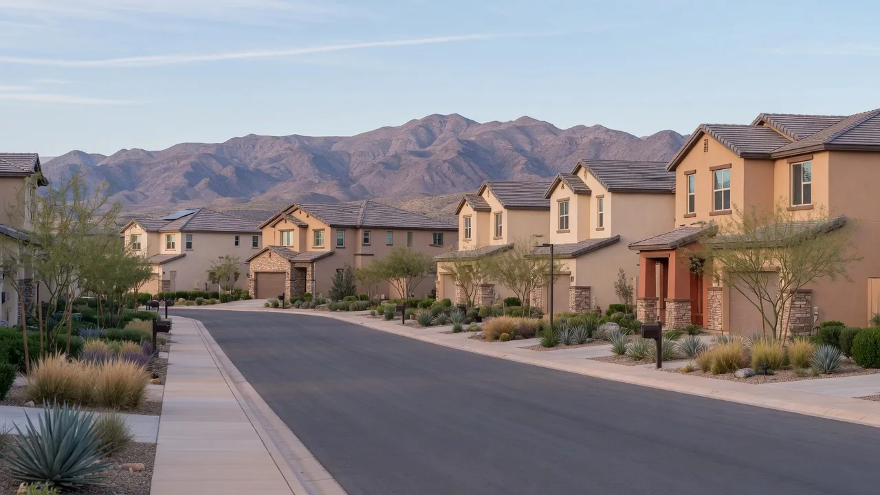 A quiet residential street of new single-family homes with desert landscaping in a master-planned community in south Henderson in morning light