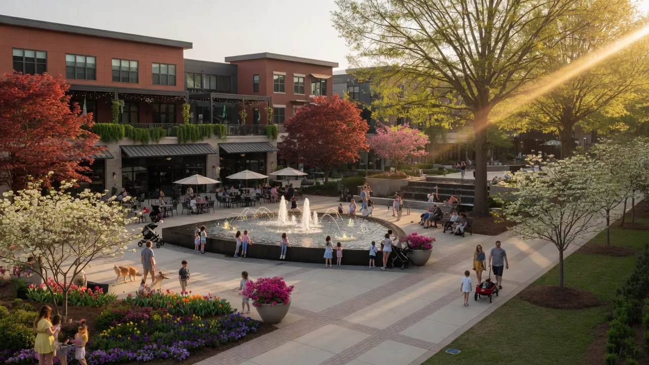 Peachtree Corners Town Center with modern architecture, outdoor dining, and pedestrian plaza on a warm afternoon