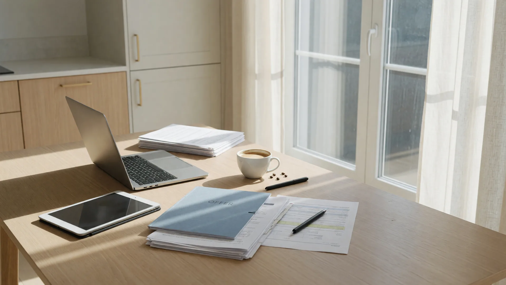 Modern kitchen table with a tablet, laptop, and real estate documents ready for reviewing early access listings