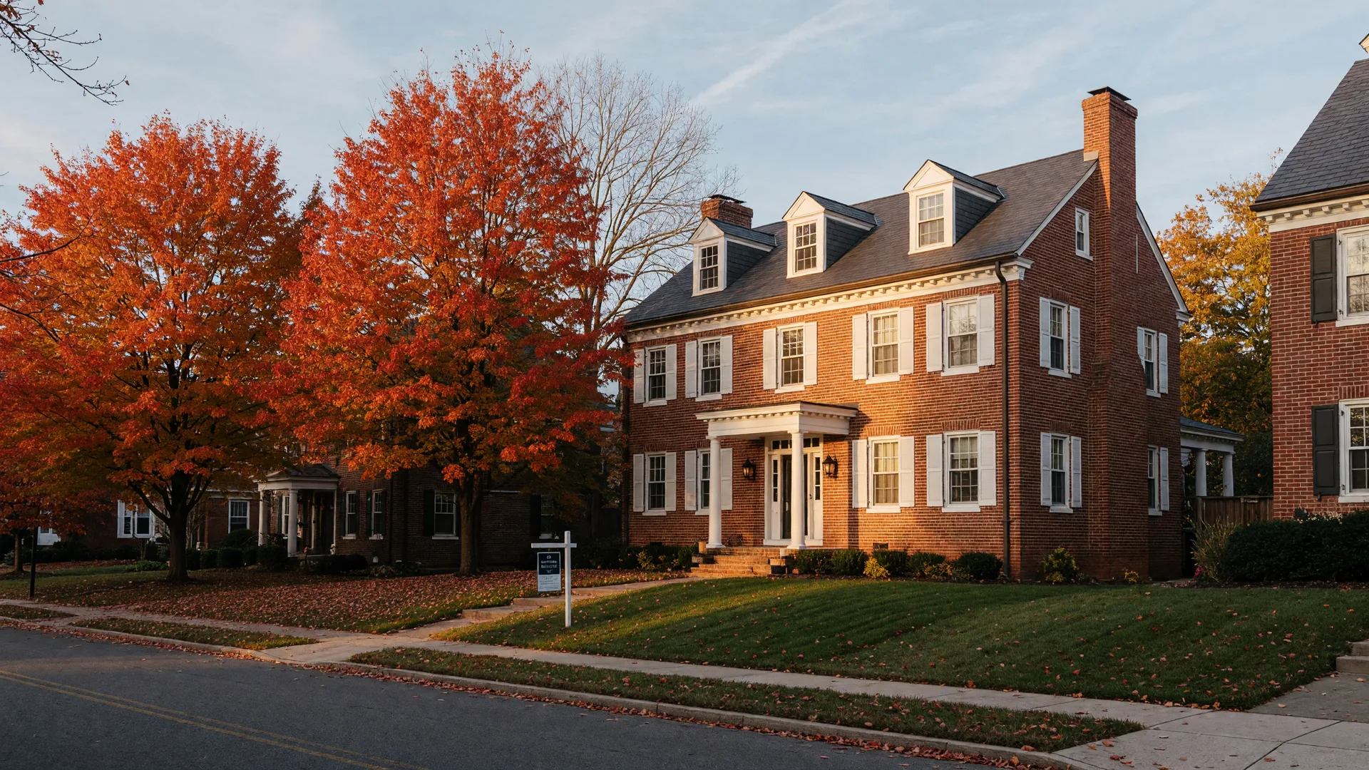 Brick colonial home with white shutters and a columned front porch on a tree-lined street in Bethesda, Maryland on a late October afternoon, red and gold maples over the manicured lawn, a discreet real estate sign near the front walk, and warm golden low sun on the facade
