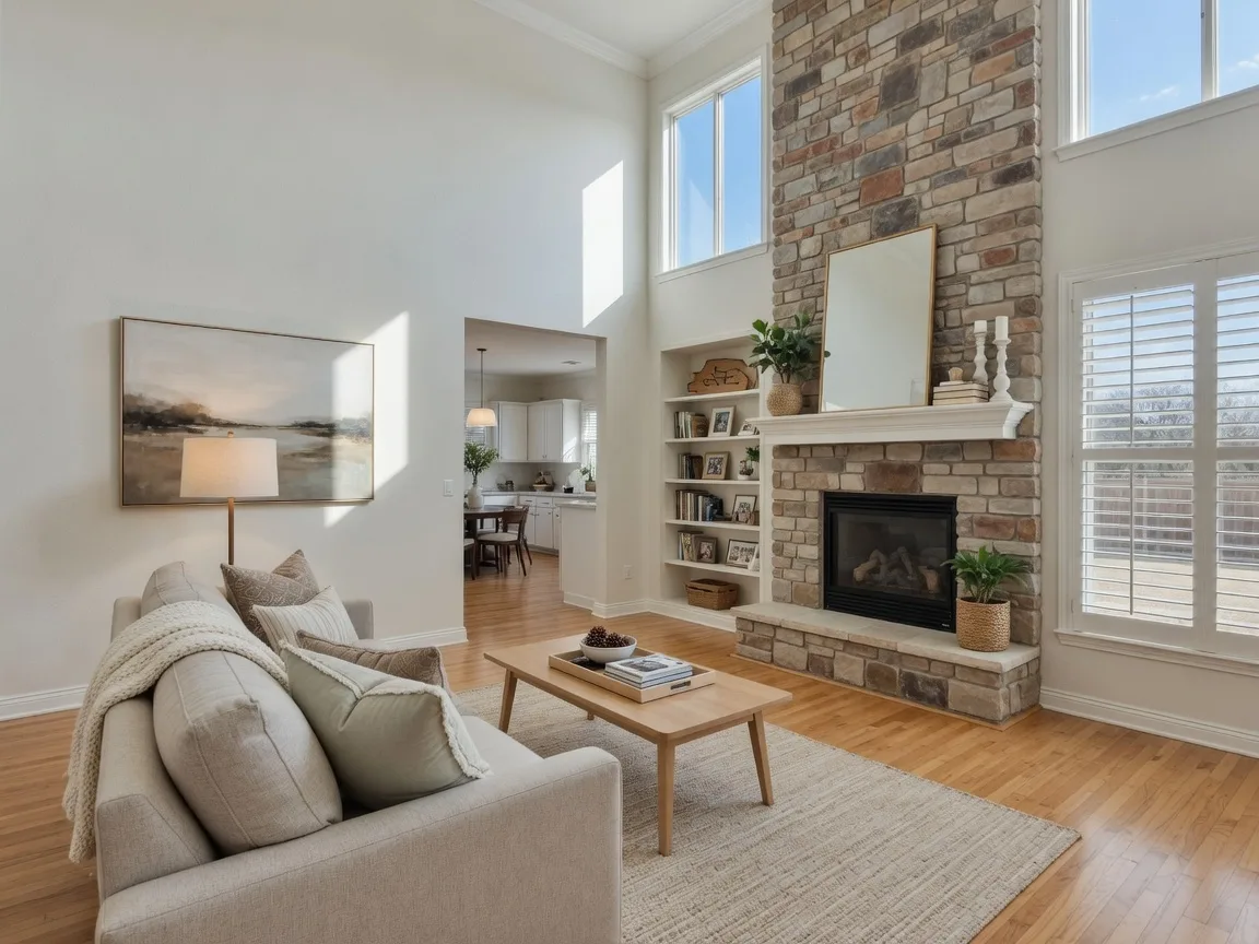 Bright open-concept living room in a well-maintained Oklahoma home with a stone fireplace and large sunlit windows