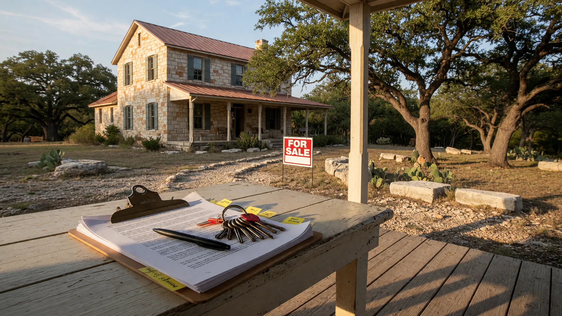 A Texas Hill Country home with a For Sale sign in the front yard, an executor's clipboard with legal papers on a wooden porch table