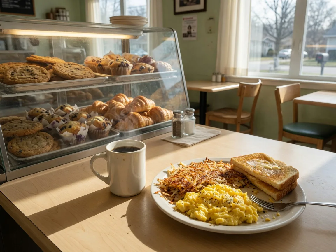 A cozy family-style cafe in Beavercreek Ohio with a white ceramic mug of coffee and a plated homemade breakfast of scrambled eggs, golden hash browns and toast on a wooden table, with a glass bakery case of fresh cookies, muffins and croissants behind