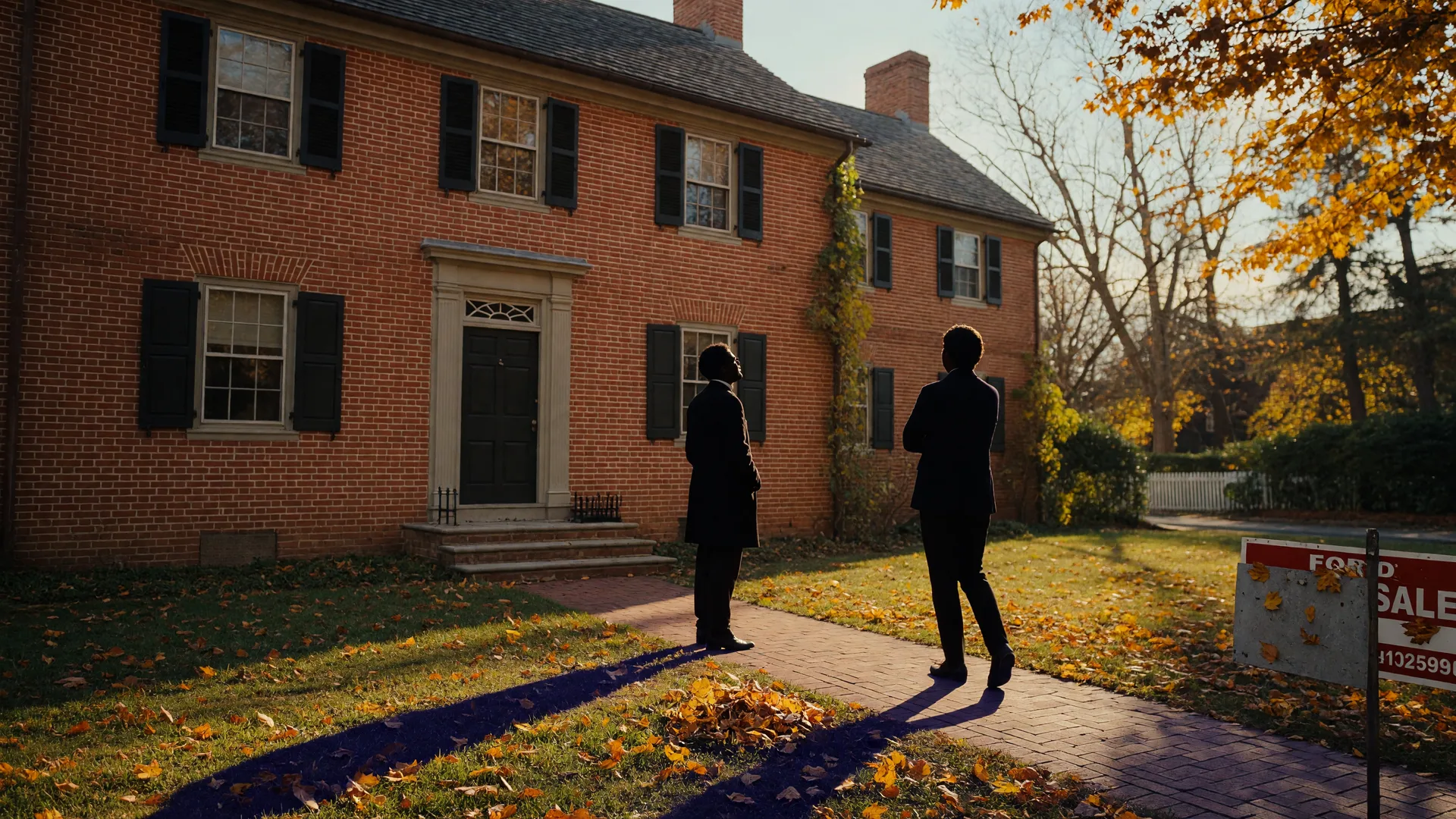 Two silhouetted figures standing apart on the lawn of a Maryland colonial brick home, symbolizing disagreements between heirs about selling an inherited property