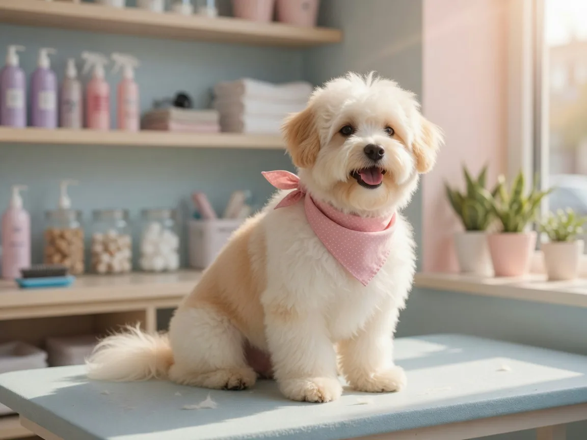 Freshly groomed fluffy dog with a pink bandana at PomChi Paws Grooming & Resort in Atascocita
