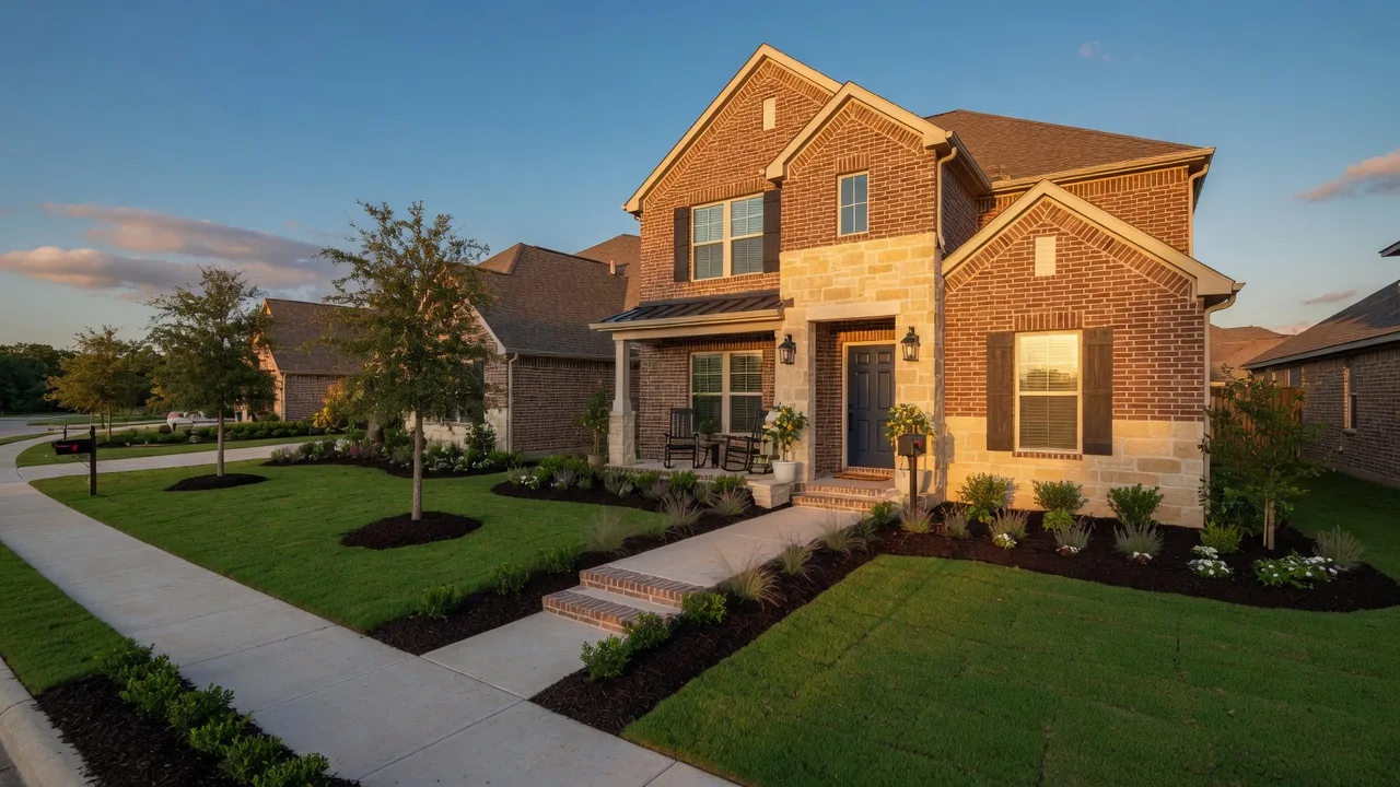 A freshly landscaped suburban Texas home at golden hour with a manicured lawn and neat front walkway