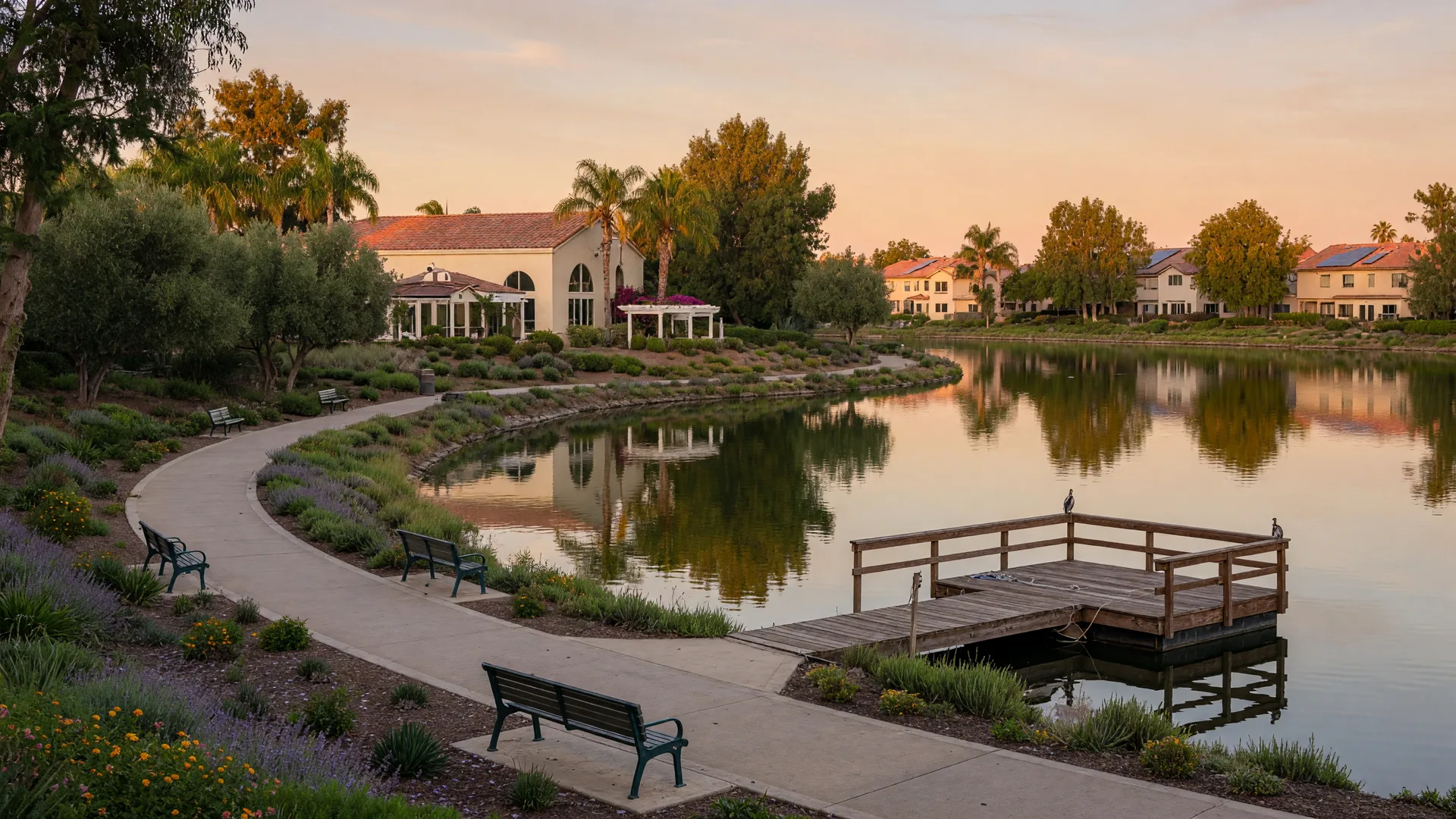 A calm 25-acre lake reflecting golden light with a walking path, bench and fishing dock at the Heritage Lake community in Menifee