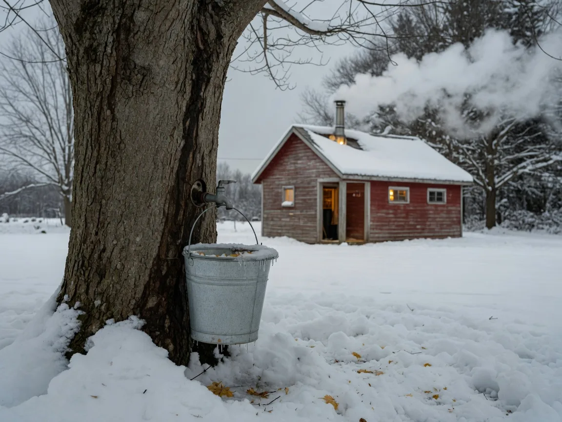 A sugar maple with a sap bucket at a late-winter maple sugaring operation