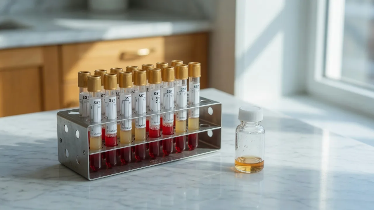 Serum-separator blood collection tubes on a marble counter in soft clinical daylight