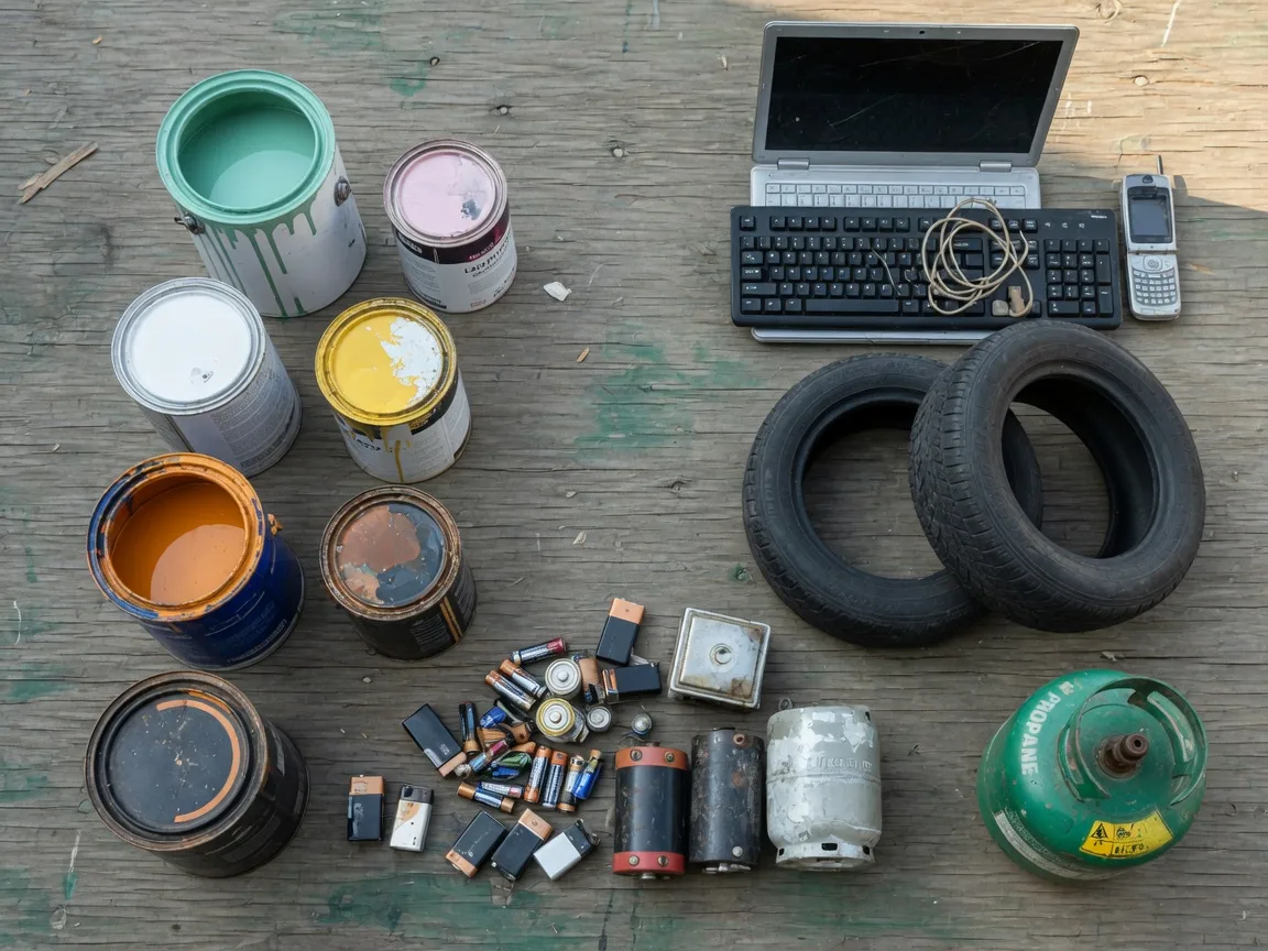 Common household items that trash companies will not pick up: paint, batteries, electronics, tires, and propane tanks
