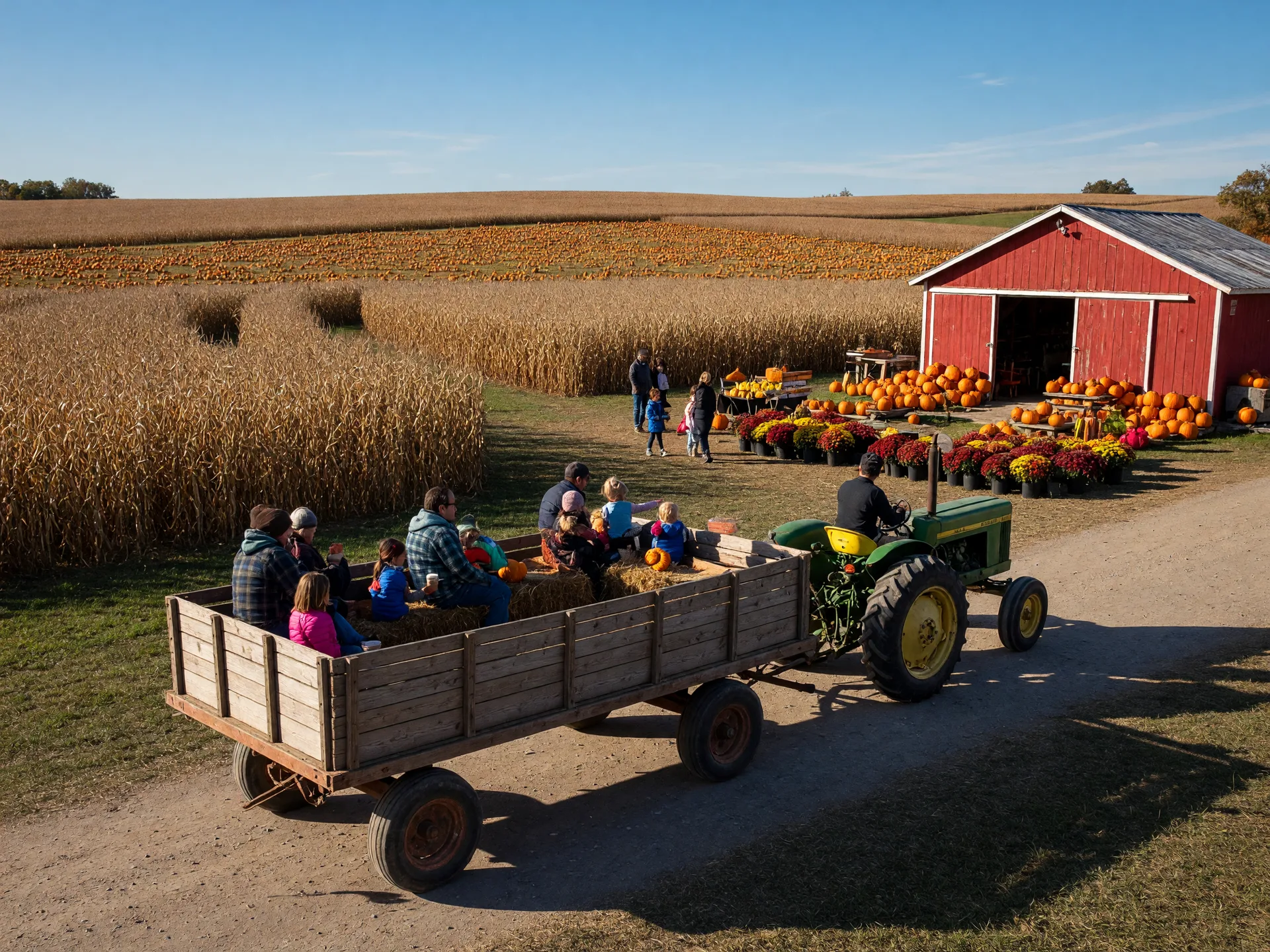 A wooden hay wagon pulled by a tractor carries visitors toward a pumpkin patch with corn maze rows and a red barn stand at a Pennsylvania farm