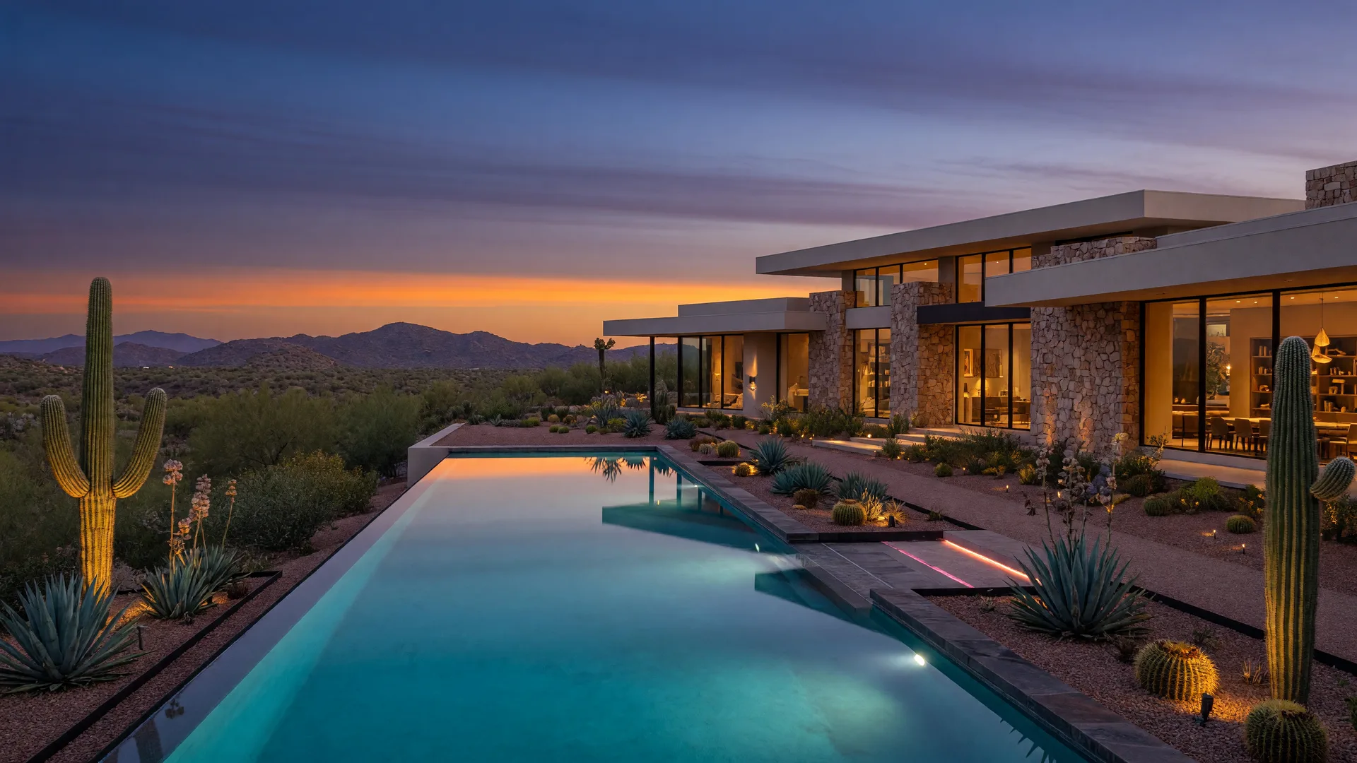 A modern luxury desert estate in Metro Phoenix at dusk in early October, floor-to-ceiling glass glowing above an infinity pool with saguaro silhouettes