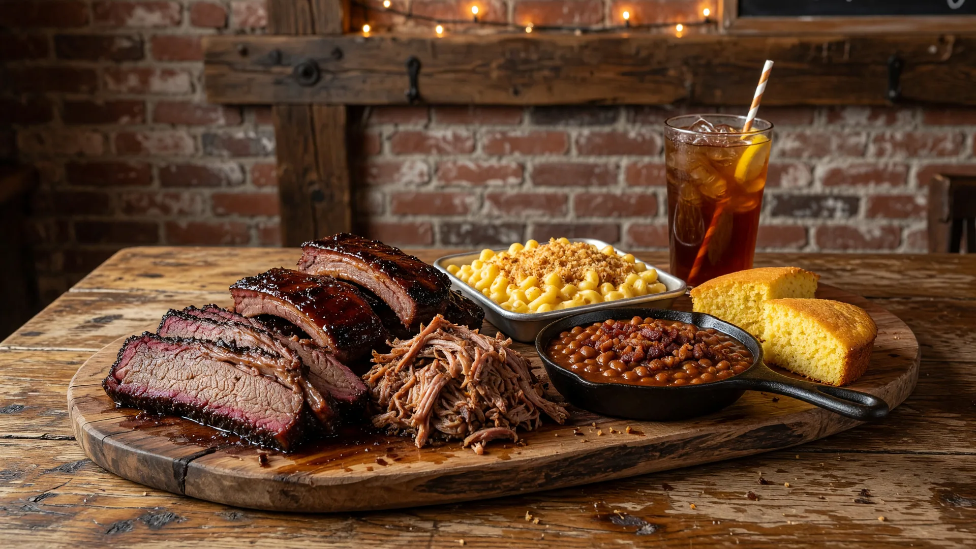 A barbecue spread at Woodshed Smokehouse and Grille in Lebanon Ohio, a platter of smoked brisket, ribs and pulled pork with mac and cheese, baked beans and cornbread on a rustic wooden table with a glass of sweet tea in warm restaurant lighting