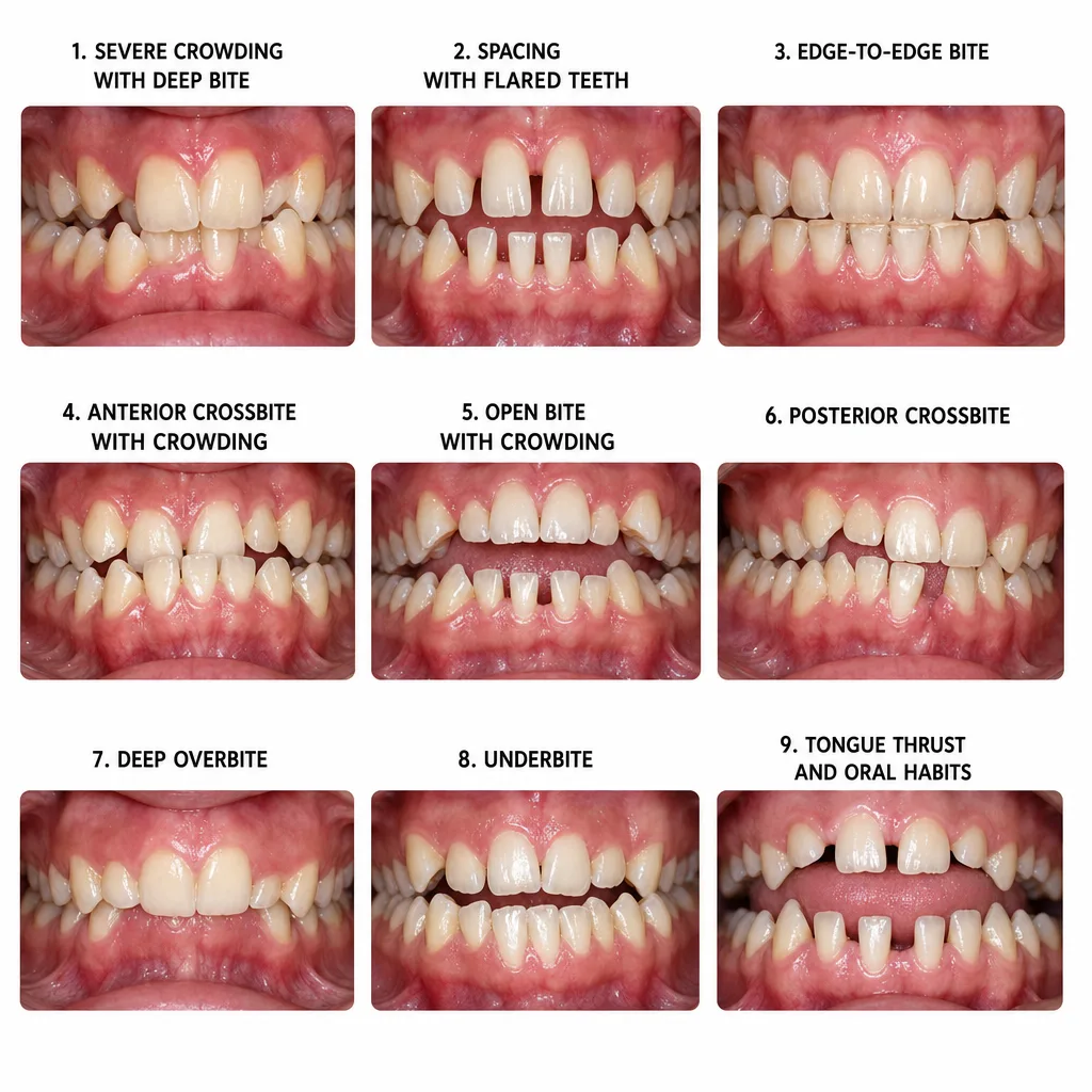 Dental education reference chart showing malocclusion and bite classifications used in myofunctional therapy assessment