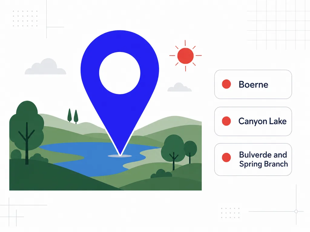 Texas Hill Country investment infographic with a map pin over rolling scenery and area badges for Boerne, Canyon Lake, and Bulverde and Spring Branch