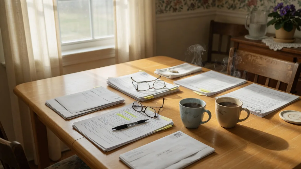 Dining table in a South Jersey home with offer envelopes, documents, a pen, and coffee cups ready for review