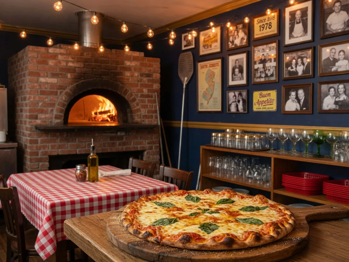 A cozy family-run pizzeria interior with a glowing brick oven and a freshly baked pizza on a wooden board