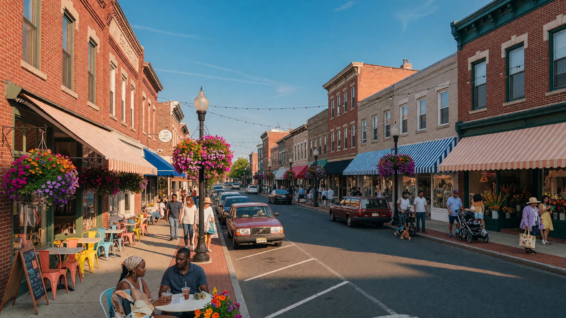 Vibrant downtown main street in South Jersey with outdoor cafes and shoppers
