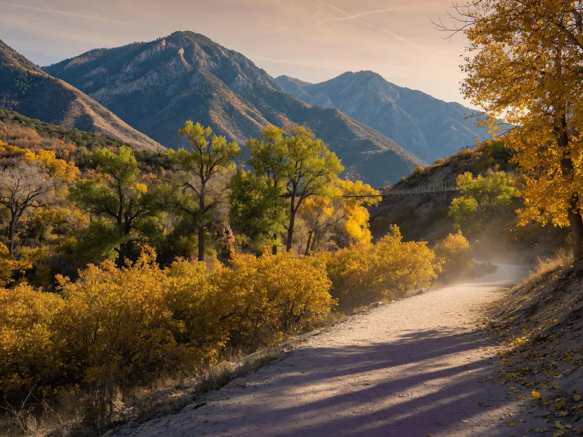 A sandy hiking trail winding through golden cottonwoods and scrub oak in Dimple Dell Regional Nature Park in Sandy Utah with the Wasatch Mountains in the background