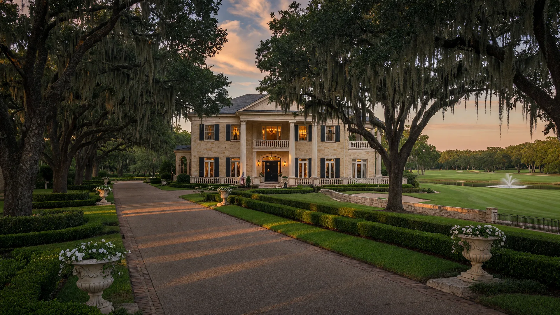 Limestone estate home on a tree-lined driveway in The Dominion, a luxury San Antonio real estate address