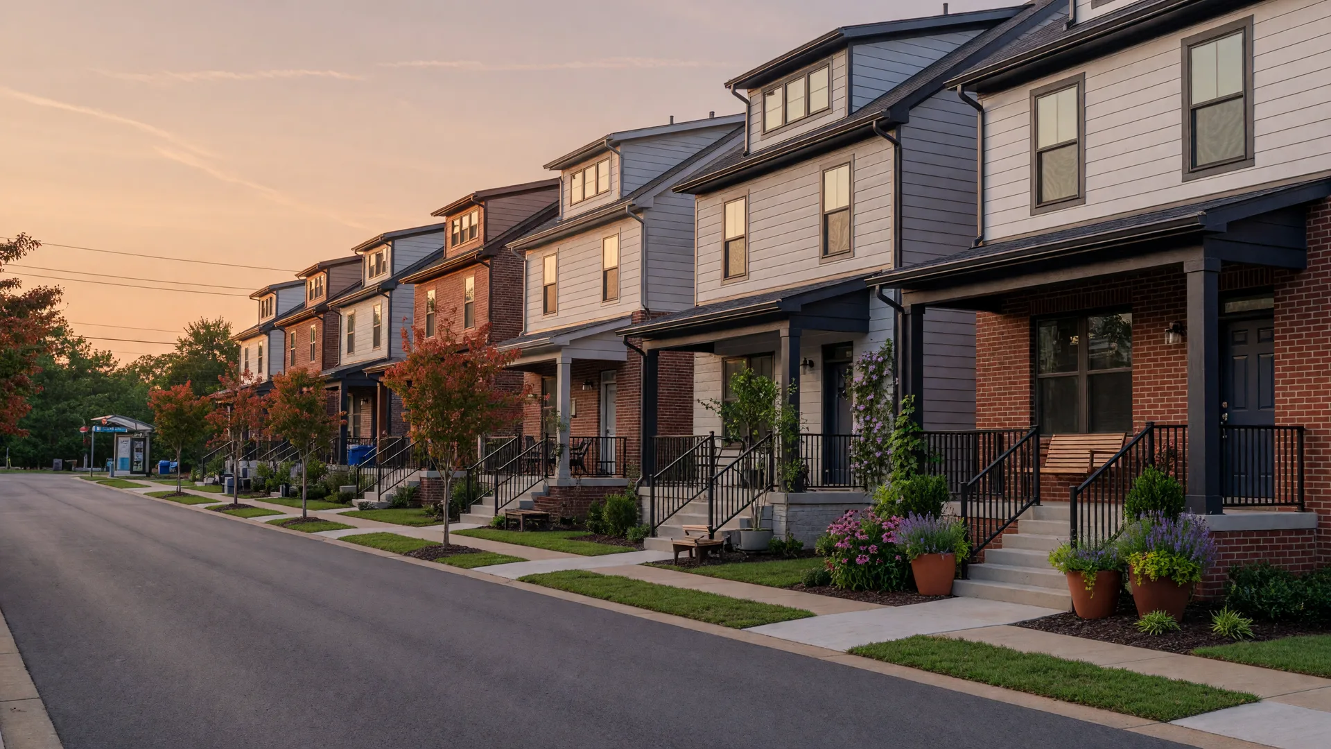 Modern craftsman townhomes by Miller & Smith in a walkable Northern Virginia community at golden evening light