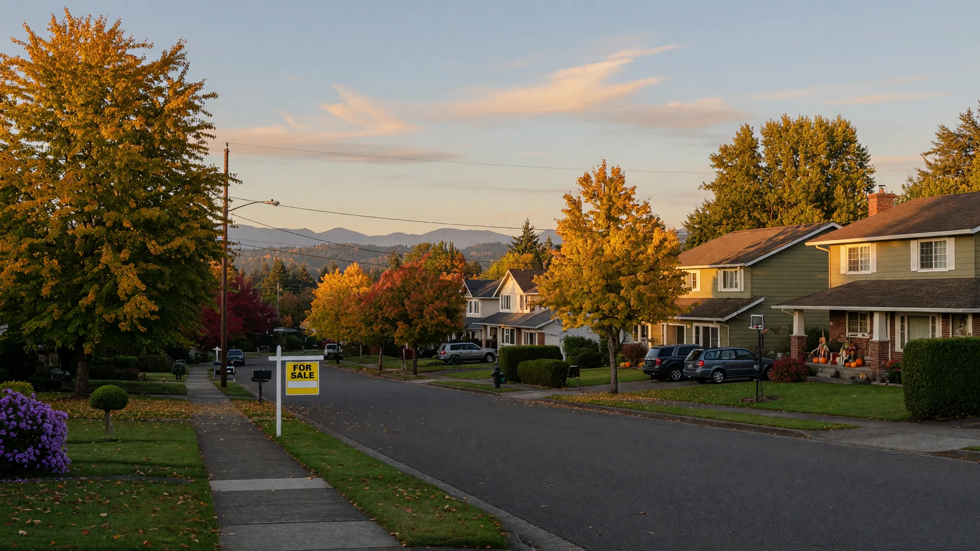 A quiet Sherwood residential street in early October at golden hour, maples and oaks turning gold and amber, a for-sale sign in a tidy front yard, the Tualatin Valley foothills on the horizon