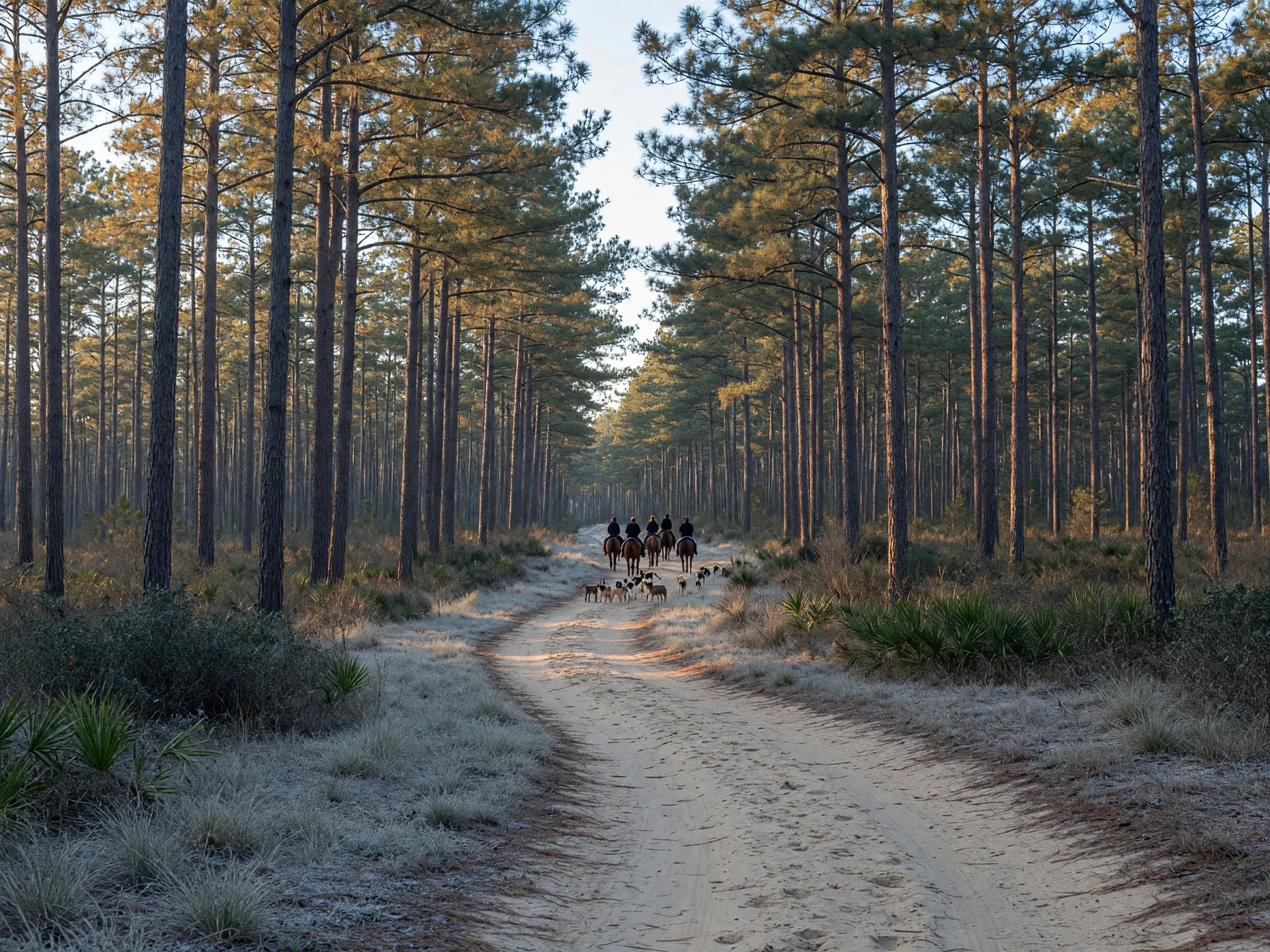 A sandy riding trail winding through tall longleaf pines on a frosty winter morning, with a small distant group of riders and hounds far down the corridor