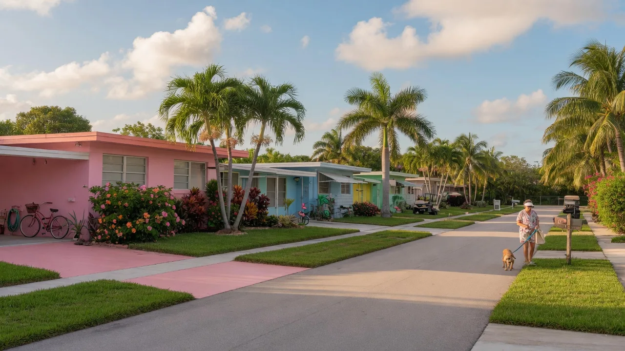 Quiet residential street in Delray Beach Florida with mid-century ranch homes, palm trees, and tropical landscaping