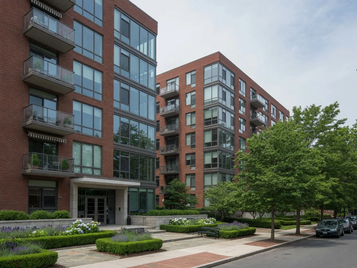 Modern brick and glass condominium buildings in Chestnut Hill Philadelphia