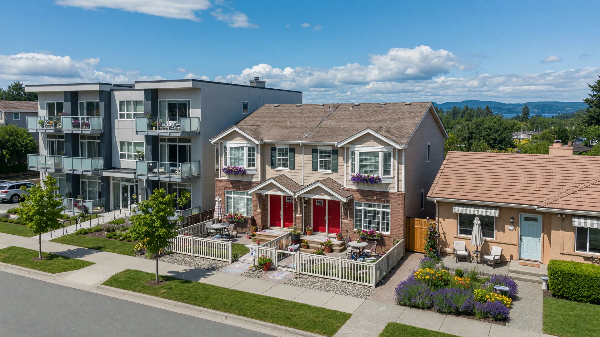 A modern condo building, a charming townhouse complex, and a single-story patio home in a sunny Greater Victoria setting