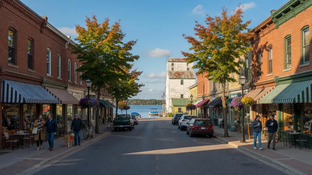 Port Perry's Queen Street heritage storefronts on a September morning, with boutique shops and cafes leading down toward the Lake Scugog waterfront and the historic grain elevator