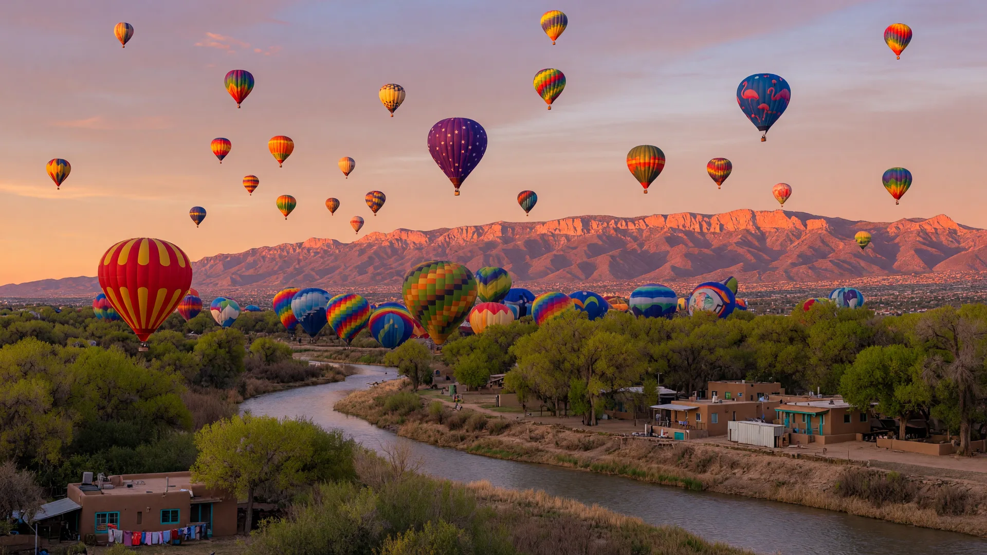 Colorful hot air balloons rising over the Rio Grande bosque at sunrise with the Sandia Mountains in the background