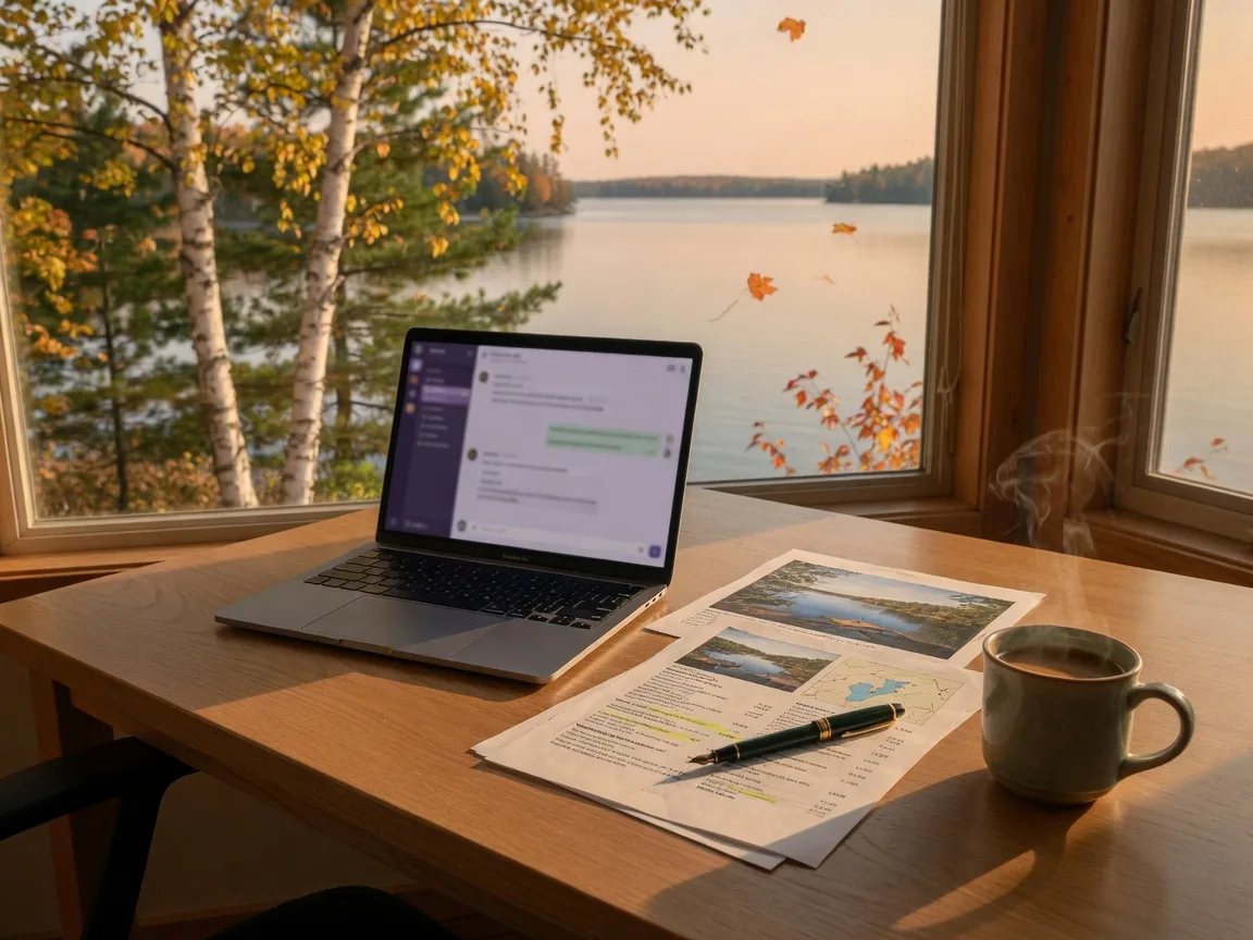 A real estate agent's desk in lakes country with a laptop open to a chat panel, a printed listing summary with a map, a fountain pen, and a steaming coffee mug in golden-hour light
