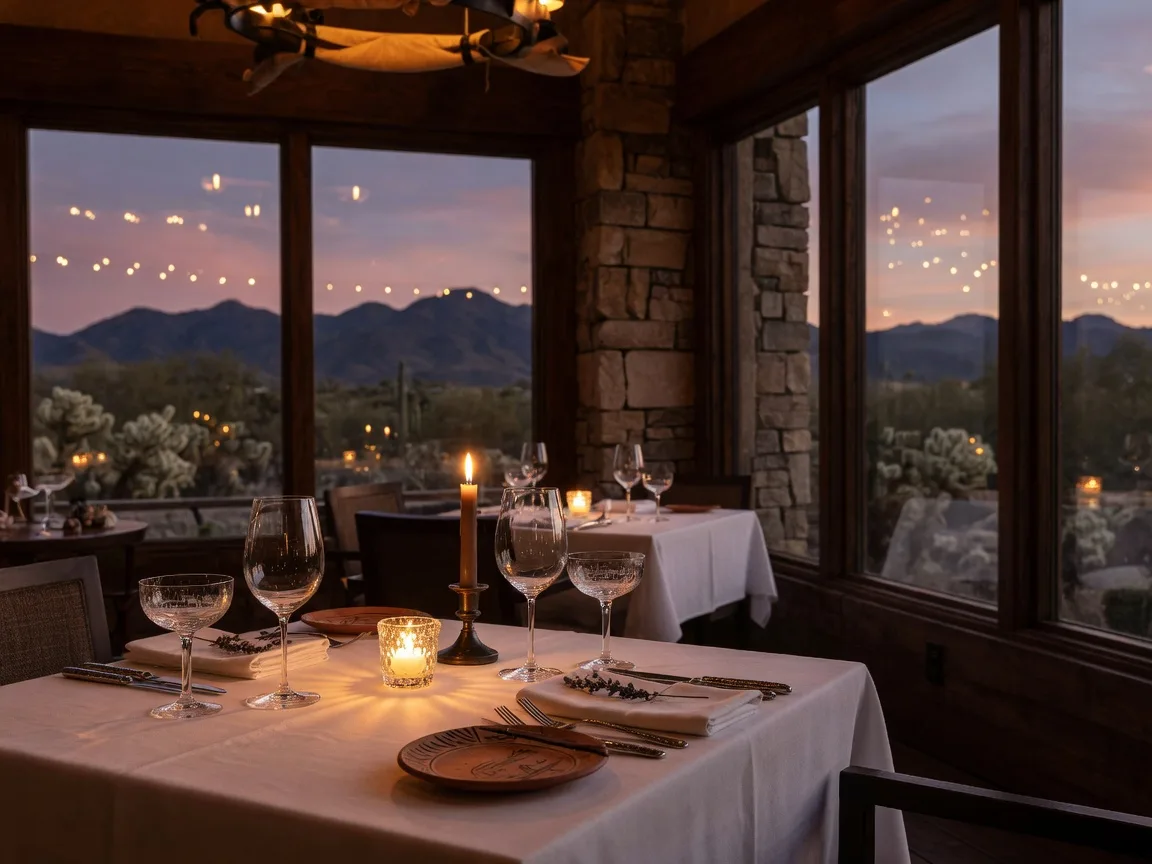 Elegant Scottsdale fine dining restaurant interior with desert mountain views
