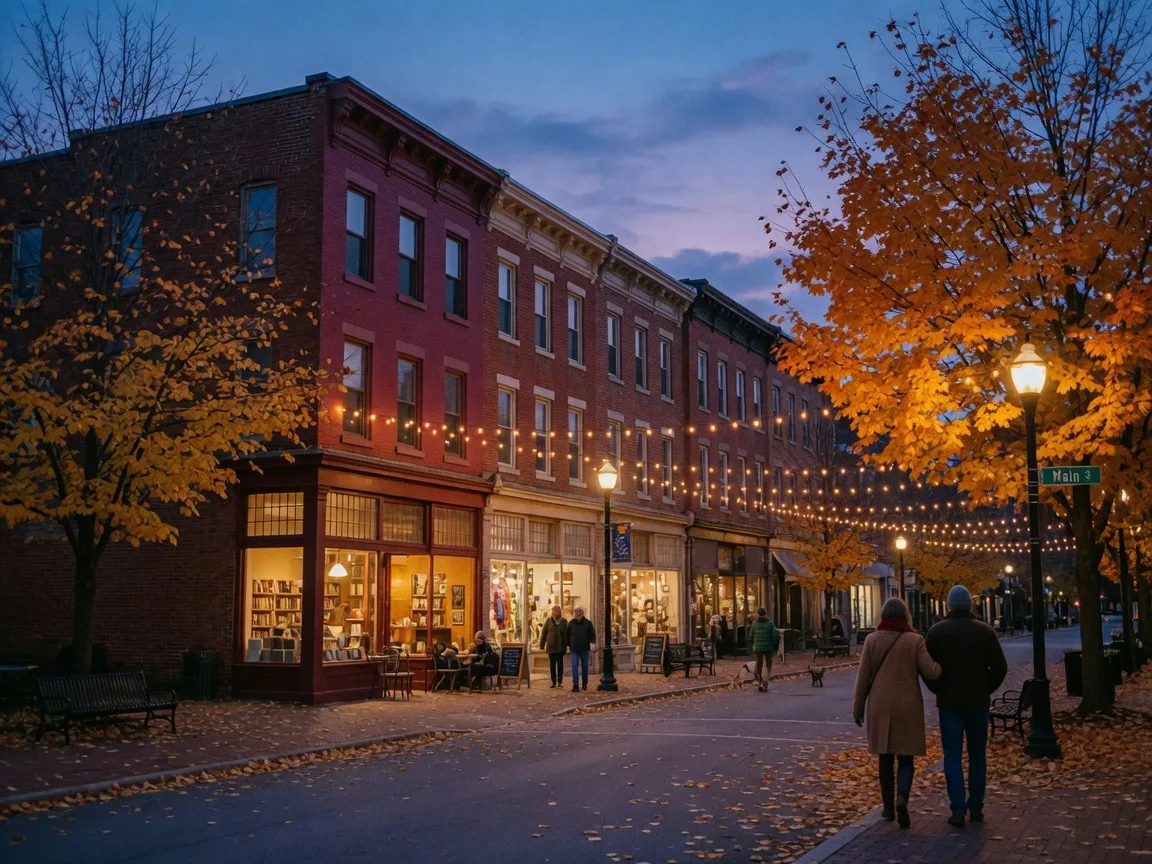 A festive downtown main street in Ambler, Pennsylvania on an autumn evening