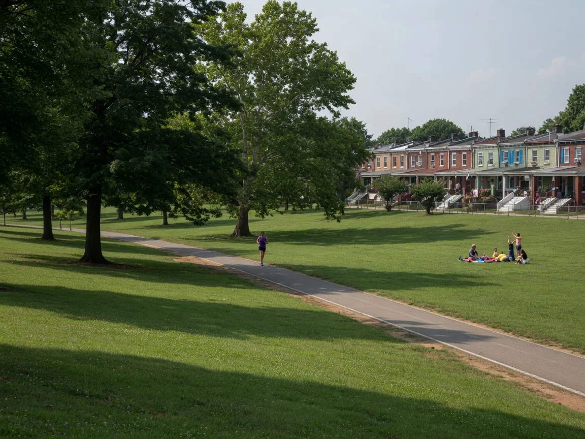 Fernhill Park's green lawn, shade trees and walking path at the edge of Cedarbrook in Northwest Philadelphia