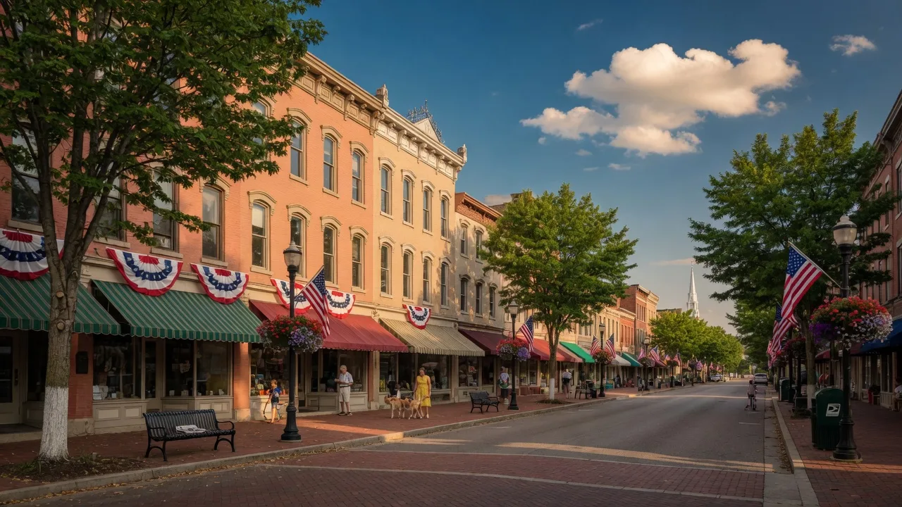 Historic downtown Lebanon, Ohio with 19th-century storefronts along Broadway, brick sidewalks, and a classic small-town Main Street atmosphere