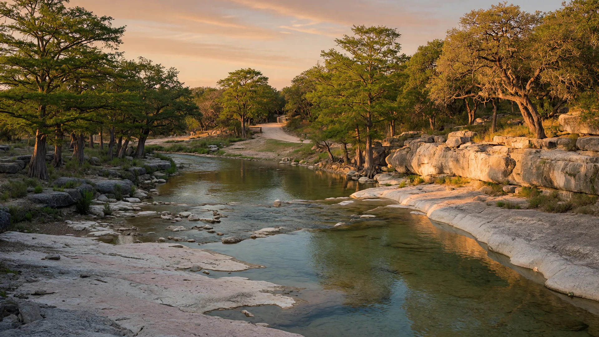 Clear water of the Guadalupe River flowing over smooth limestone ledges in the Texas Hill Country at golden hour, with cypress and live oak trees along the banks